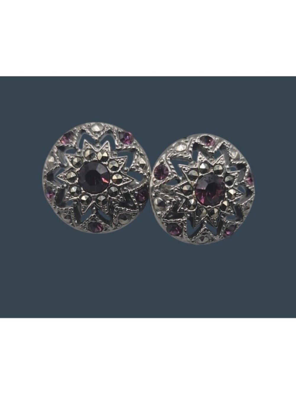 Vintage Purple Rhinestone Marcasite Round Clip On Earrings Silver Tone